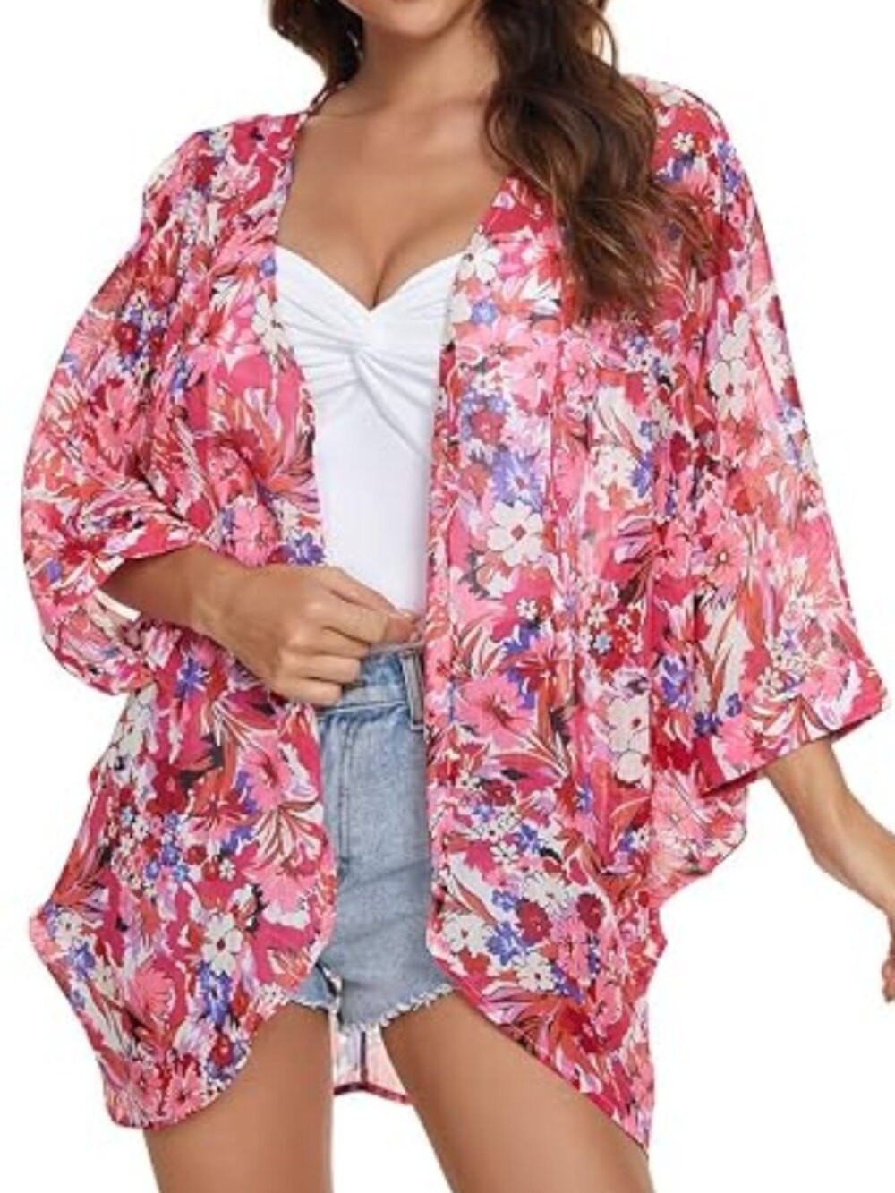 Women's Floral Print Sheer Chiffon 3/4 Cuffed Bat Sleeve Kimono Size XXL